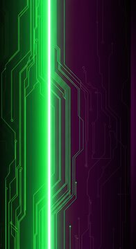 Green and purple circuit board design with neon line