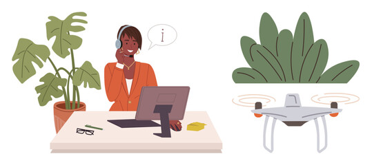 Agent wearing headset at computer, assisting client with innovation and technology, alongside lush plants and a quadcopter. Ideal for customer service, tech, environment, remote work, greenery