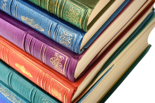 Colorful side view of stacked book covers
