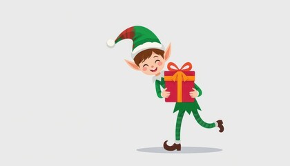 Cheerful cartoon Christmas elf in green holding a bright red gift box with an orange ribbon