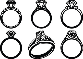 Diamond Ring Silhouette Vector Illustration. Luxury Engagement and Wedding Ring. Romantic Diamond Jewelry Ring. Valentine and Bridal. Love and Marriage Theme Clipart SVG Vector.