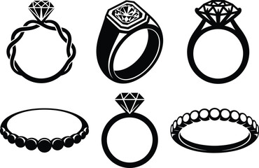 Diamond Ring Silhouette Vector Illustration. Luxury Engagement and Wedding Ring. Romantic Diamond Jewelry Ring. Valentine and Bridal. Love and Marriage Theme Clipart SVG Vector.