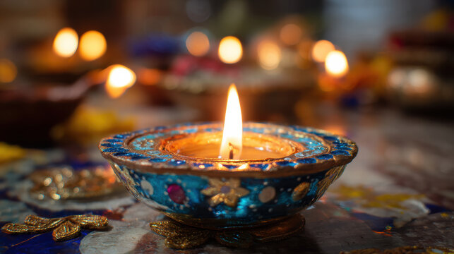 Decorative Hindu diya oil lamp provides serene light. warm flame glowing for Diwali festival celebration brings hope and spirituality