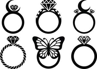 Diamond Ring Silhouette Vector Illustration. Luxury Engagement and Wedding Ring. Romantic Diamond Jewelry Ring. Valentine and Bridal. Love and Marriage Theme Clipart SVG Vector.