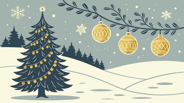 A christmas tree with ornaments and lights in a snowy landscape with hanging decorations above it - Powered by Adobe