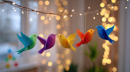 Cheerful colorful paper bird hanging as holiday decoration. Rainbow garland with festive light and beautiful glowing bokeh background