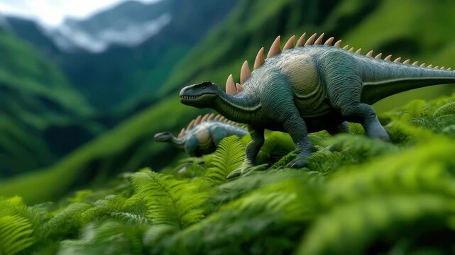 Stegosaurus urus family grazing in a lush green valley with mountains in the background, peaceful prehistoric landscape