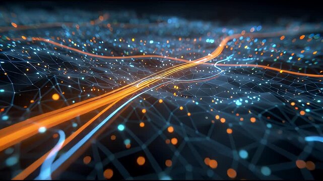 Abstract network connections visualized with glowing orange and blue lines on a dark digital grid background