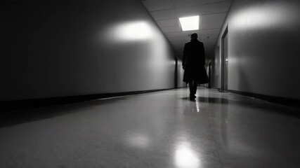 Mysterious silhouette walking down a dimly lit corridor, perfect for suspenseful storytelling