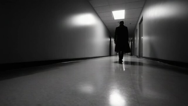 Mysterious silhouette walking down a dimly lit corridor, perfect for suspenseful storytelling