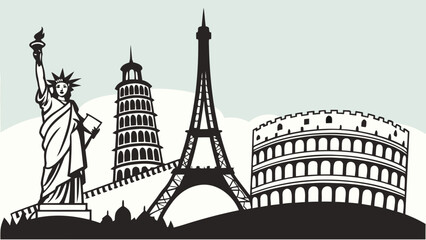 Obraz premium Landmarks of the world including the eiffel tower, statue of liberty