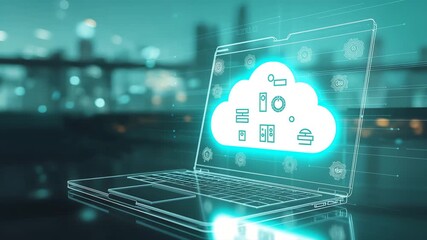 Laptop displaying cloud computing icon and data streams in a futuristic setting technology - Powered by Adobe