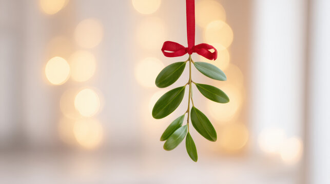 Romantic mistletoe sprig with red ribbon bow hanging as Christmas holiday decoration. warm, festive bokeh light background for celebration