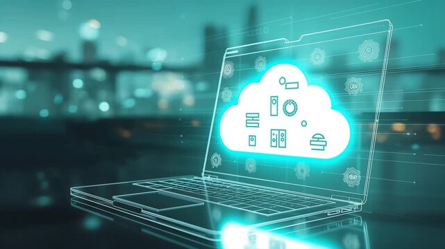 Laptop displaying cloud computing icon and data streams in a futuristic setting technology