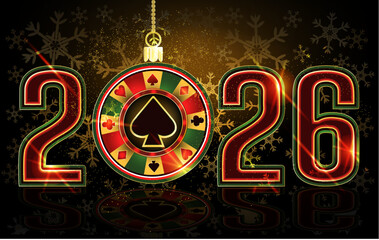 Christmas casino vip card, New 2026 year. poker chip, vector illustration