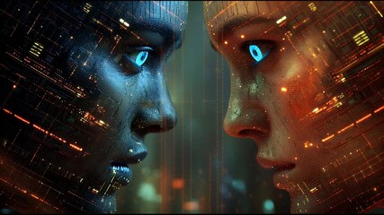 A dramatic cinematic face-off between two advanced humanoid androids with glowing eyes, their digital consciousness reflected in a futuristic cybernetic world