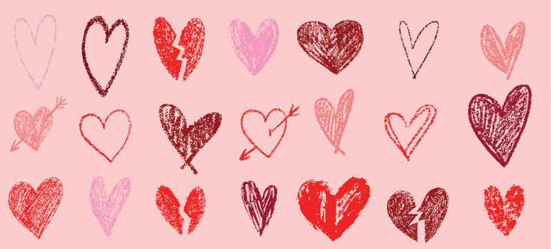 Crayon chalk red heart brush doodle hand drawn scribble Valentine's Day romantic love collection. Simple pen marker vector art