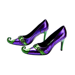 Purple and green witch shoes with pointed toes isolated on transparent background