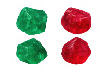 Uncut green emerald and red ruby gemstones with sparkling facets and rough texture on transparent background