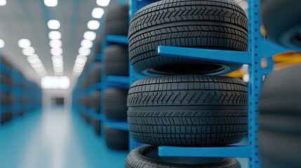 Tires neatly organized on blue shelves in a car tire shop with a blurred background showcasing a well-stocked inventory