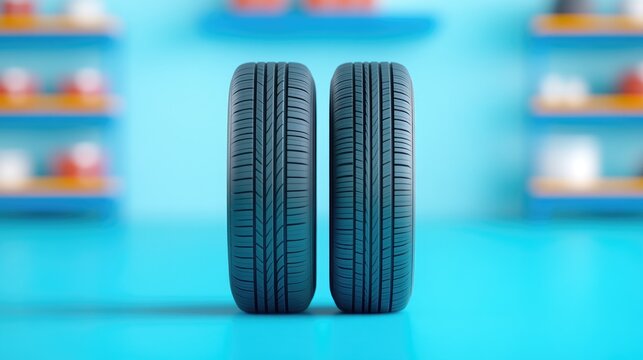 Tires neatly stacked on blue shelves in a car tire shop with a soft blurred background showing organized products and equipment