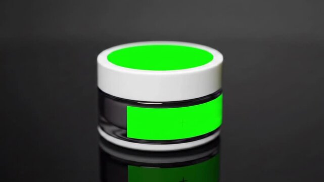 Small white jar with a green screen label on a black background, perfect for product mockups and branding.