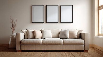 Fototapeta premium Light beige sofa with soft cushion, modern living room, wooden floor, large window, minimal decor, peaceful atmosphere