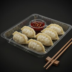 Steamed Dumplings with Spicy Dipping Sauce in Plastic Tray, Asian Takeout Meal, Traditional Gyoza or Potstickers, Ready-to-Eat Snack, Chinese or Japanese Appetizer, Overhead Food Presentation