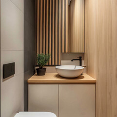 Modern bathroom and kitchen interior with wooden floor and contemporary furniture design