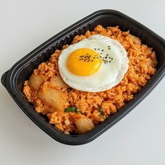 Kimchi Fried Rice with Sunny Side Up Egg in Black Takeout Container, Korean Comfort Food, Spicy Lunch Box Meal, Ready-to-Eat Asian Cuisine, Food Delivery, Office Lunch, Overhead Shot