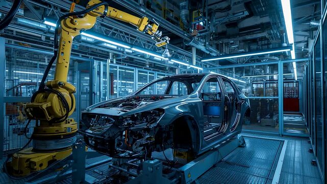 Yellow Robotic Arm Assembling Black Car Body on Automated Production Line in Modern Automotive Factory Floor