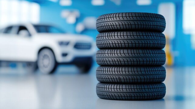 New tires stacked in a modern automotive workshop with an SUV under repair nearby, showcasing car service efficiency and professionalism