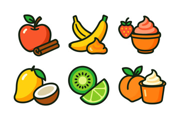 Colorful collection of fresh fruit icons in flat style for healthy cooking
