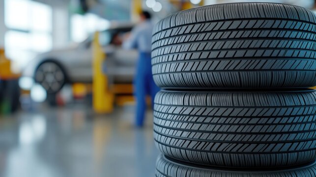 Mechanic working on a car in an automotive shop with new tires stacked in the foreground and tools scattered around the service bay