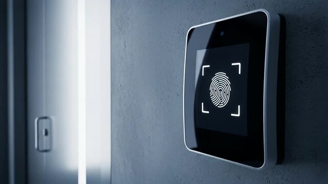 High-tech biometric security system displays fingerprint recognition, user interacts with touch sensor, showcasing advanced cyber security technology in action, camera follows motion