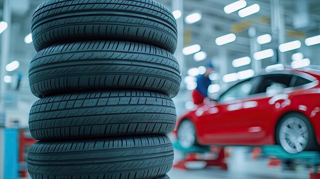 New tires stacked in an automotive shop with a car on a lift and a mechanic working in the background - Powered by Adobe