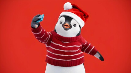 A cute penguin wearing santa cap is taking selfie in Christmas season