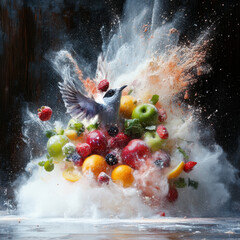 Fruit floating in cosmic water splash with surreal galaxy sky