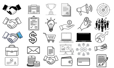 Business and Office Vector Icon Set – Handshake, Team, Finance, Management, and Partnership Line Icons