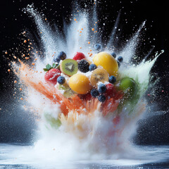 Fruits splashing in water with fresh colorful droplets