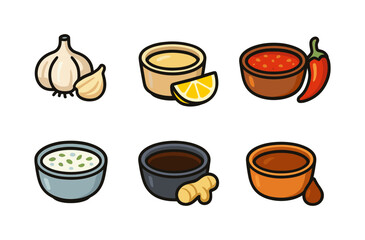 Variety of condiments and spices in colorful bowls on white background