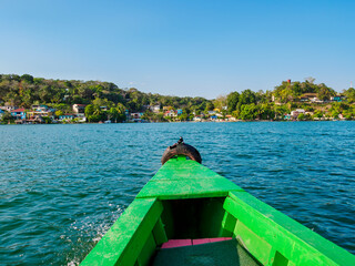 View over the Lake Peten Itza towards San Miguel, Flores, Peten Department, Guatemala