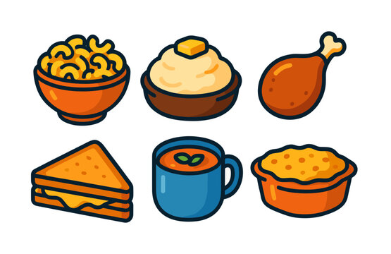 Colorful food icons featuring macaroni, mashed potatoes, chicken, sandwich, soup, and pie