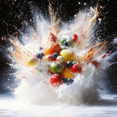 Strawberries splashing in fresh water with droplets around