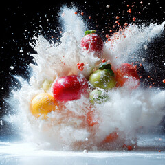 Red apple splashing in water with fresh droplets