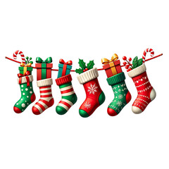 Christmas stockings hanging isolated on transparent background with gifts and candy
