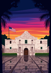 Obraz premium Historic Alamo Building at Sunset with American Flag and Reflection on Paved Ground, Illustrative Style