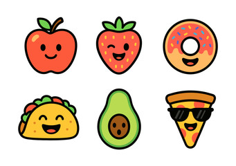 Cute food characters: smiling fruits and snacks with fun expressions