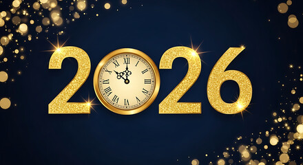 Golden 2026 numbers with vintage clock face and sparkling lights
