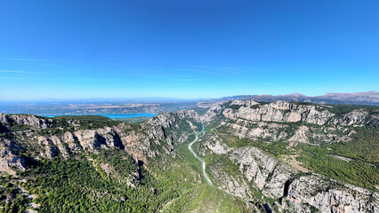 Gorges du Verdon Canyon with river and Lac de Sainte-Croix in the background, France, Europe.